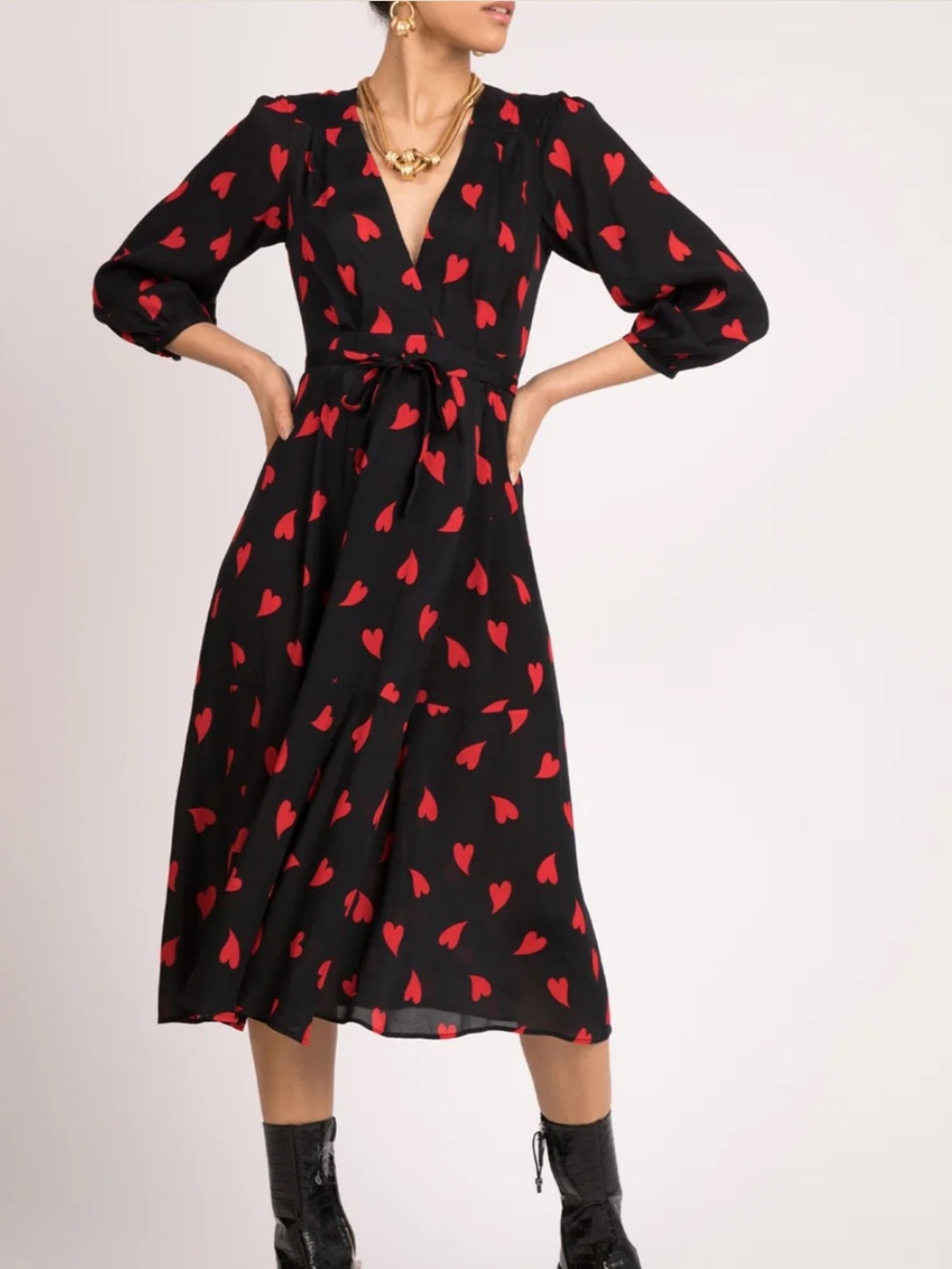 MIRAE Paris Victoria Heart Black True Wrap Dress Red Heart Print Midi 34 S/M